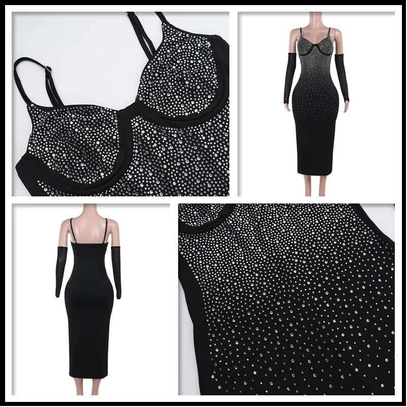Dongdumaoyi Townlike Sparkle Giltter Diamonds Sexy Party Dress Women Spaghetti Strap Summer Slim Bodycon Midi Long Dresses