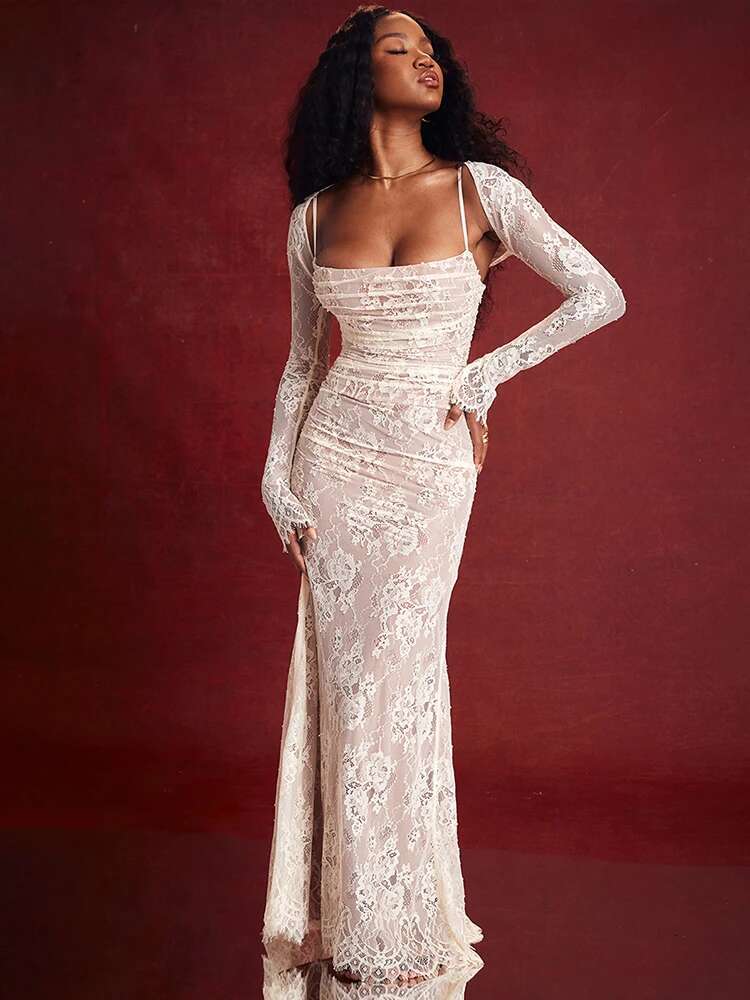 Dongdumaoyi Townlike White Lace Elegant Maxi Long Dress Women Autumn Winter Slim Bodycon Nightclub Sexy Party Dresses Vestidos