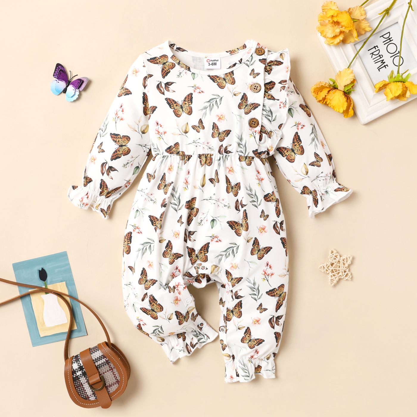 PatPat Baby Girl Solid Cotton Ribbed or Allover Butterfly Print Naia Ruffle Trim Long-sleeve Jumpsuit