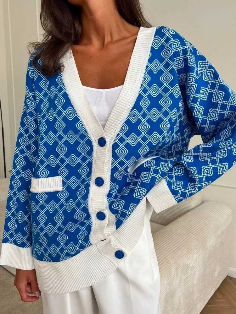 Womens Korean Fashion Oversize Knit Cardigan Jacquard Contrast Loose Mid-Length Cardigan Coat for Autumn/Winter 2025T251125