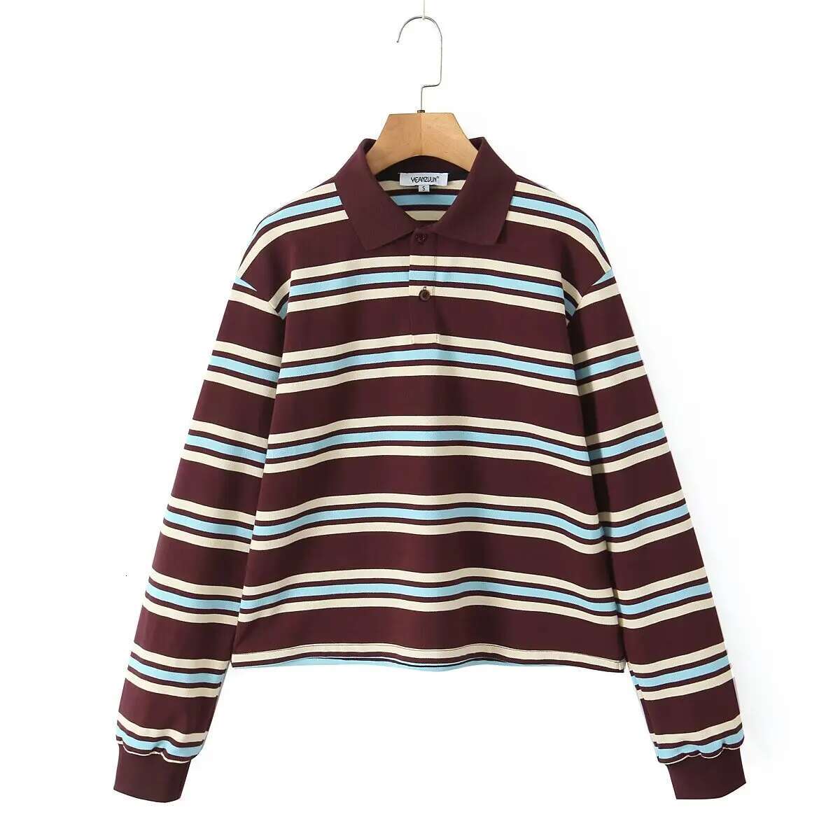 Summer 2025 Woman Long Sleeve Women Striped Vintage Clothes Polo Shirts Mujer Streetwear Casual Tops Brown