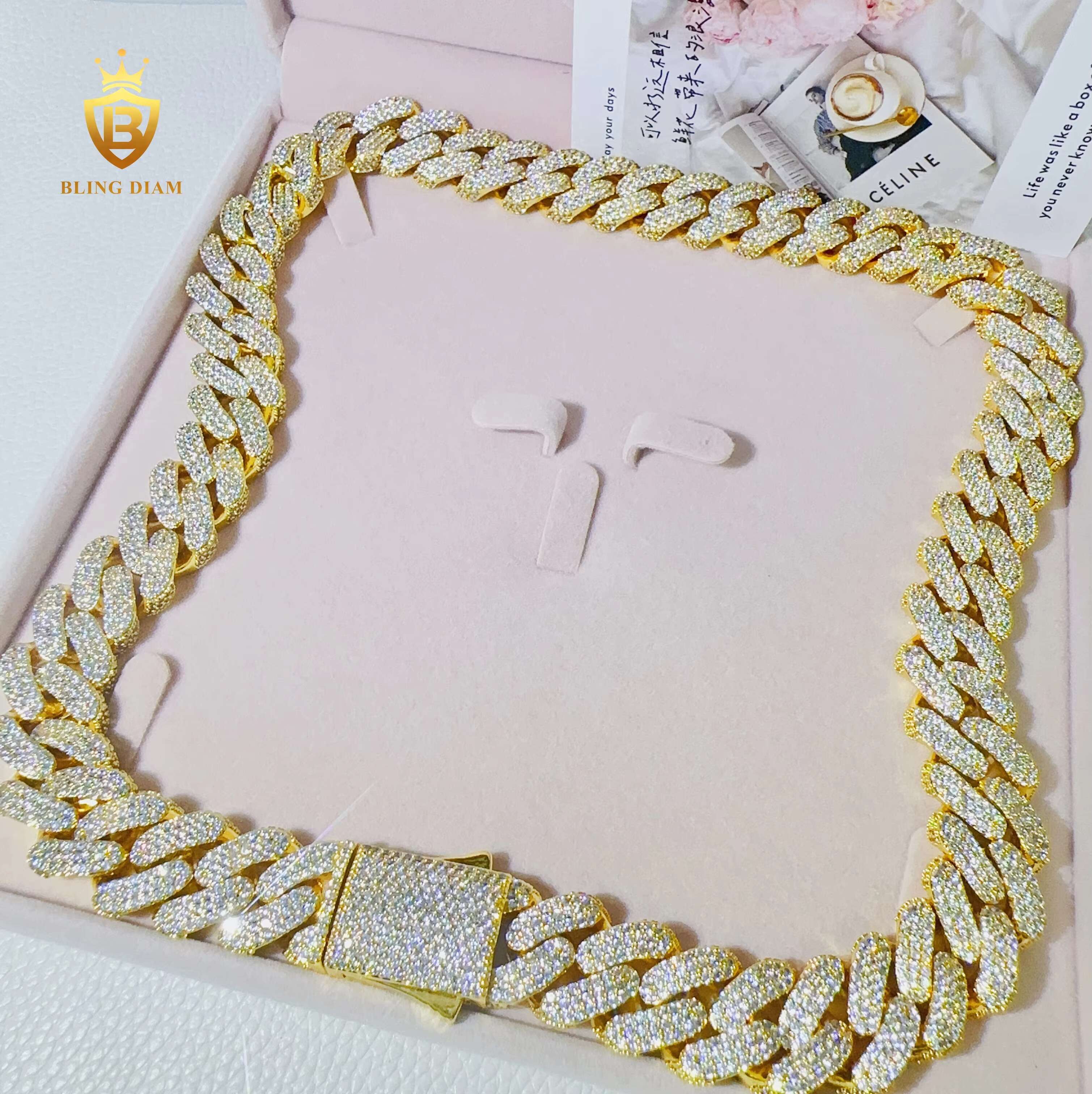 Fashion Jewelry 18mm 3rows AAAAA+ Moissanite Cuban Link Chain Fashion Spring Clasp Necklace