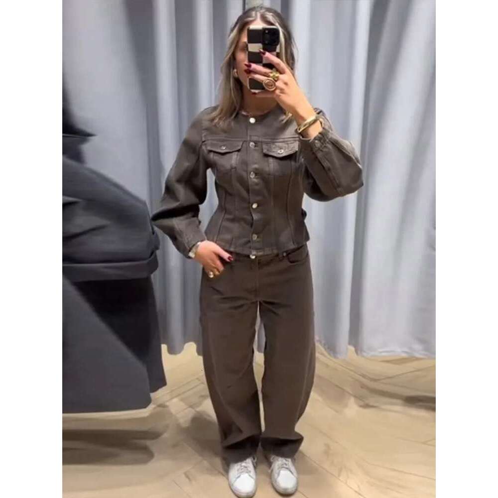 Denim Crop Pants Sets Women Vintage O-Neck Single Breasted Jackat Wide Leg Trousers Suits 2025 Spring Fashion Street Lady Outfit