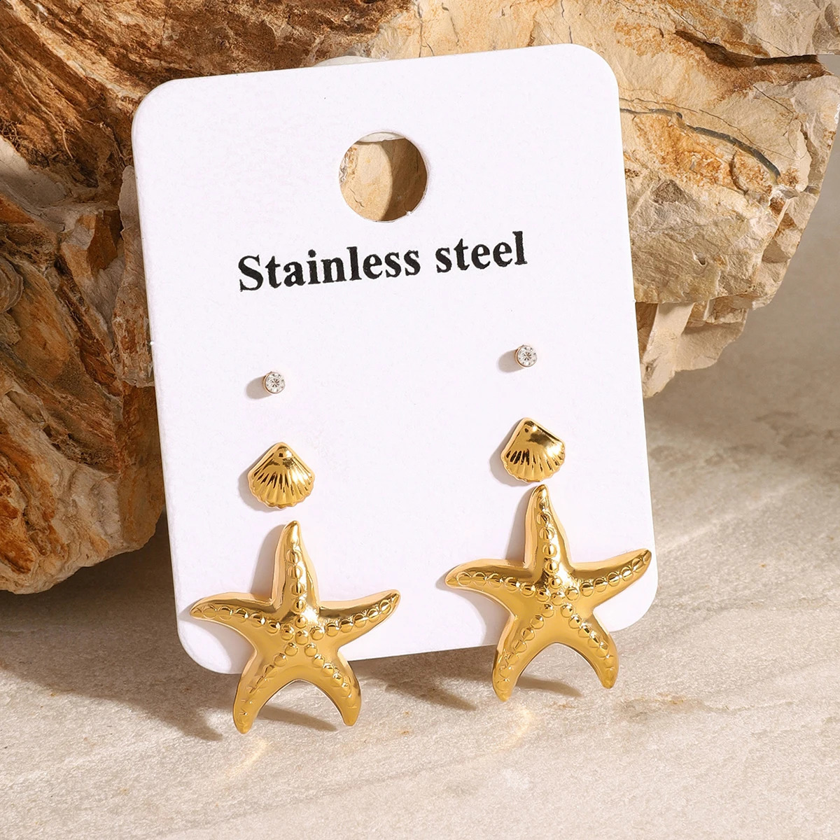 Uworld Exquisite 3-Pair Earring Set Shell Starfish Ear Studs Stackable Earrings Party Gift Womens Accessories 250424