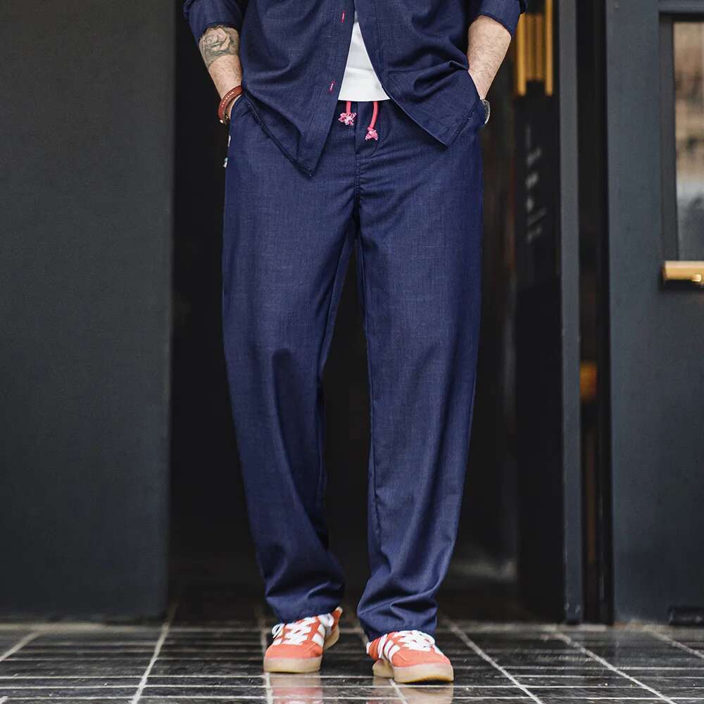Maden Spring Vintage Blue Sets For Men Long Sleeve Shirts Loose Casual Straight Pants Mens Clothes Set Two Piece Plus Size Shirt