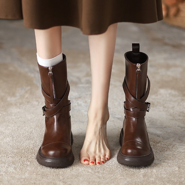 Women's Popular Mid - calf Boots in Maillard Style 2025 New style Thick - soled Martin Boots Retro Thick soled Fashion Boots for Summer and Autum