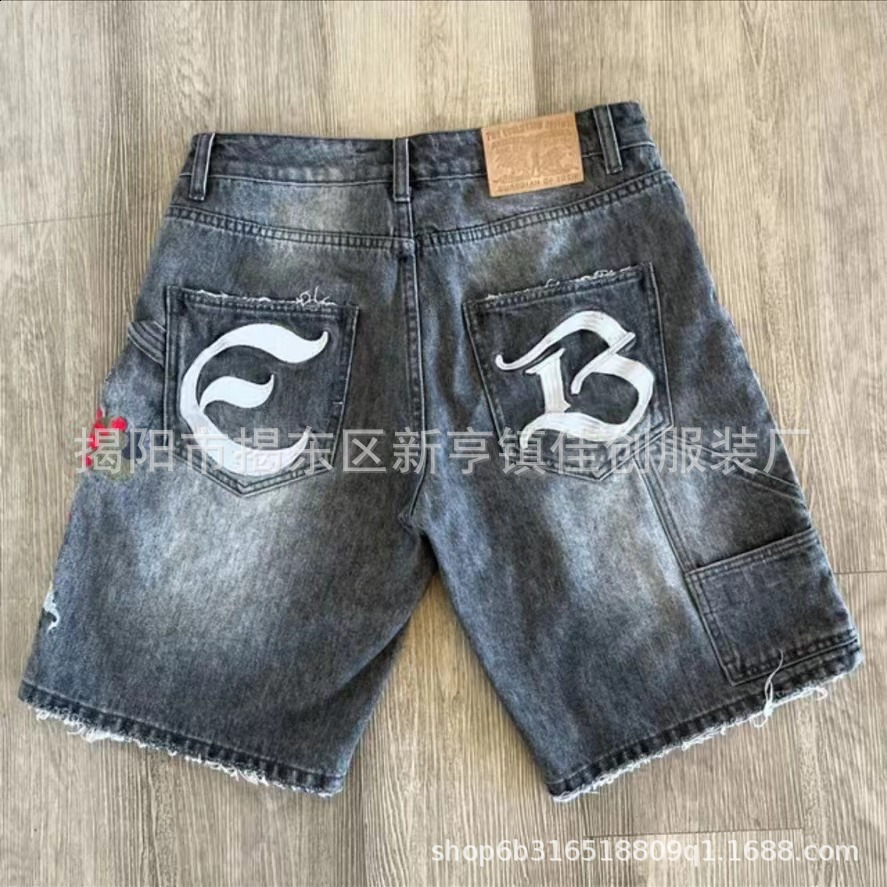Gothic Punk Skull Letter Pattern Patchwork Shorts Men Y2k Streetwear Pants Hip Hop Fashion Denim Shorts Summer 250328