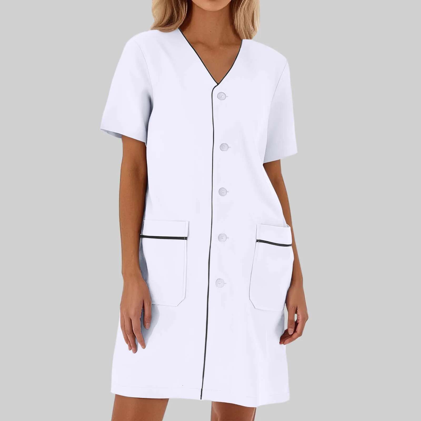 Dongdumaoyi Scrub Uniforms Dress Robe White Women Nursing Scrubs Jacket SPA Beautician Veterinary Work Wear Uniform