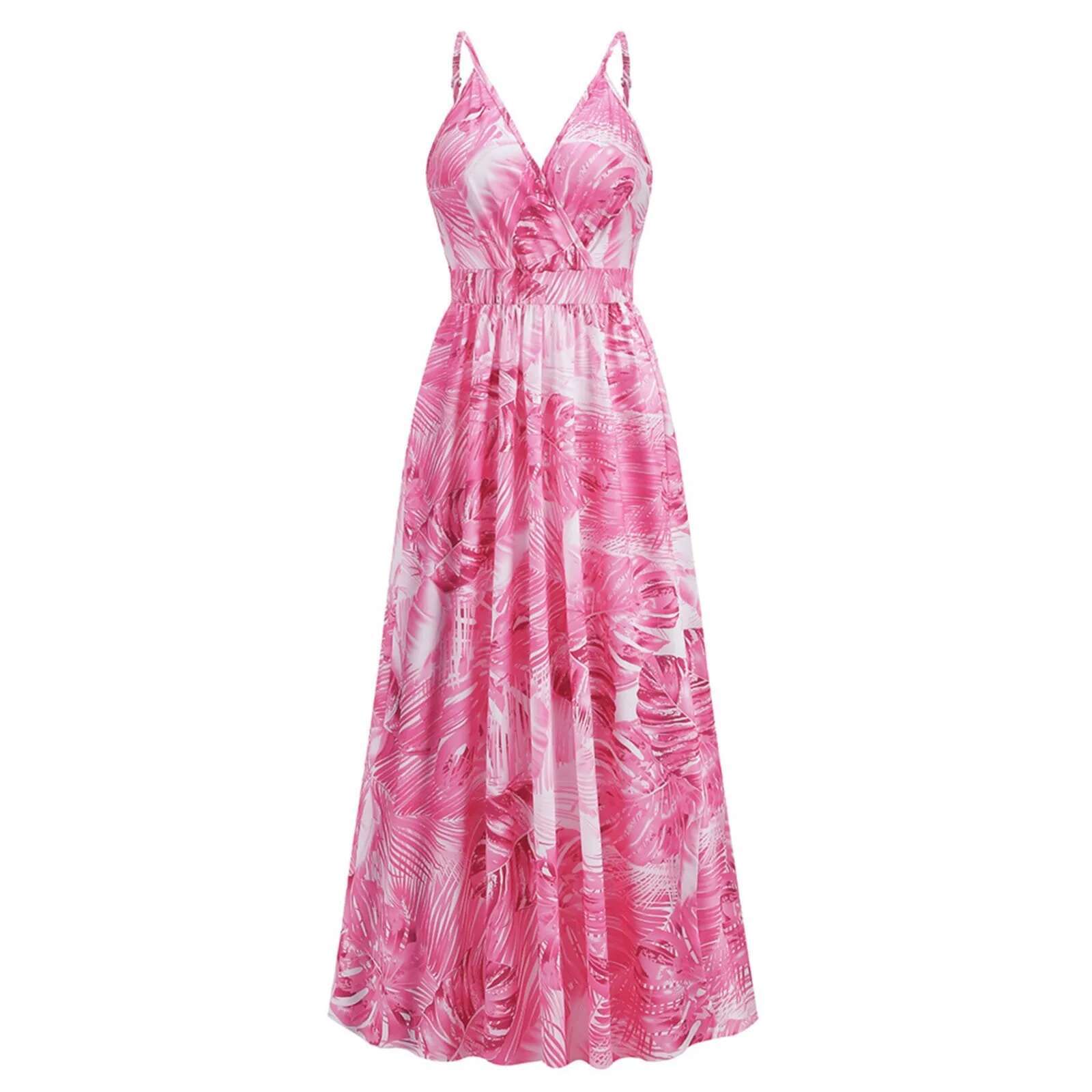 Dongdumaoyi Bohemian Beachwear Dress Flower Printed Waisted Sleeveless Long Sexy V Neck Strap Pleated Elegant Party Women