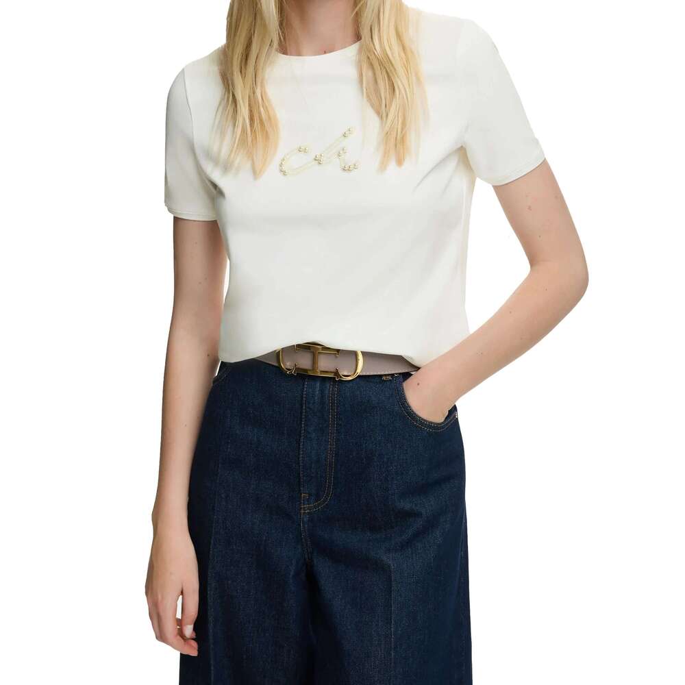 CHCH 2025 Women's Summer New Fashion Commute Cotton Round Neck Beaded Chic Solid Color Loose Short Sleeve Casual T-Shirts Tops