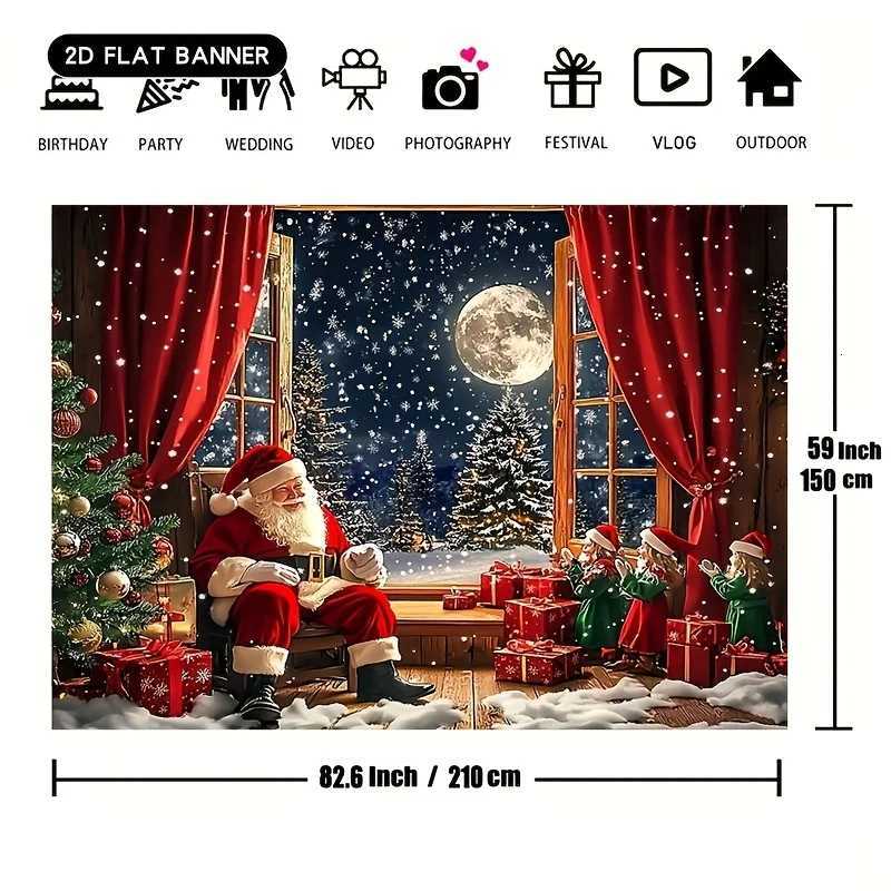 Santa Claus Christmas Tree Tapestry Moonlit Night with Red Curtains and GiftsFestive Wall Art for Holiday Home and Party DecorM251125