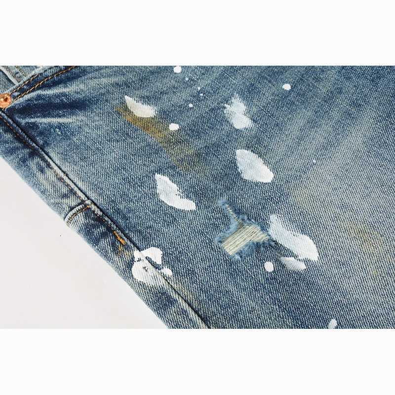 Fashion American Mens High Street Distressed Classical Blue Graffiti Stretch Skinny Button Fly Ripped Jeans Pants Y251124