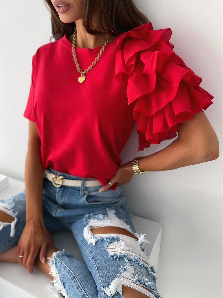 2021 summer simple fashion Ruffle short sleeve round neck womens T-shirt