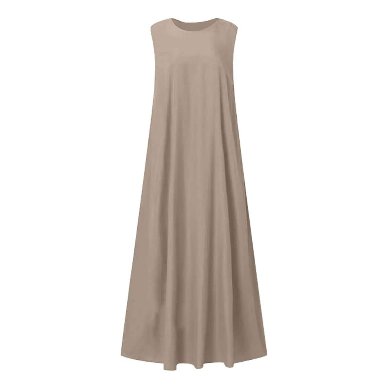 Dongdumaoyi Loose Fit Maxi Dress Simple Style Solid Color Sleeveless Long Dresses Women Summer Fashion Casual O Neck Cotton Linen New