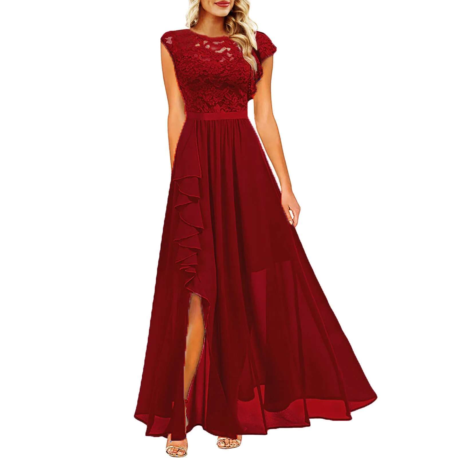 Dongdumaoyi Women Elegant Long Maxi Dress Sleeveless Round Neck Party Wedding Prom Robe Vintage Spliced Lace Chiffon