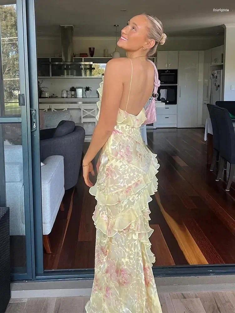 Casual Dresses Designer Dress Pink Chiffon Ruffle Sg Maxi Tierred Women Chic Sweet Sleeveless V Neck Holiday Robe Spring Lady Beach