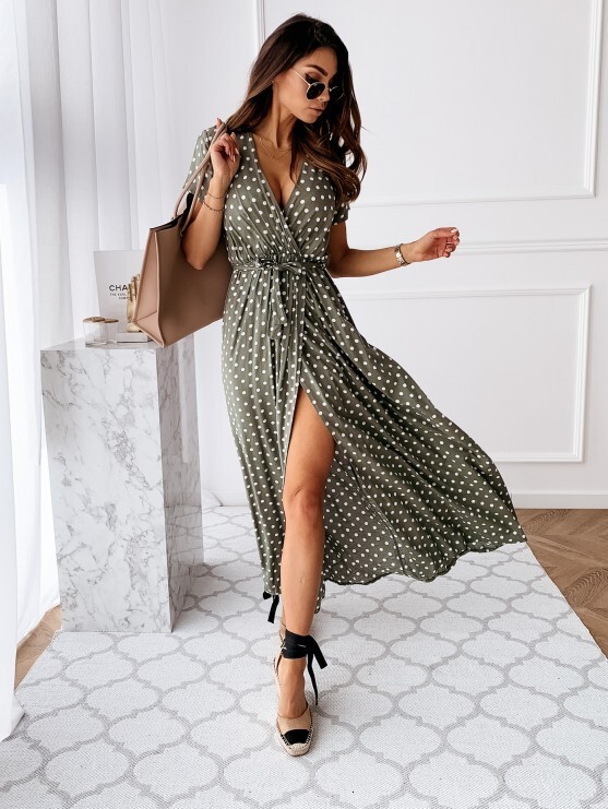 2020 summer short sleeve V-neck Bohemian polka dot print dress long skirt