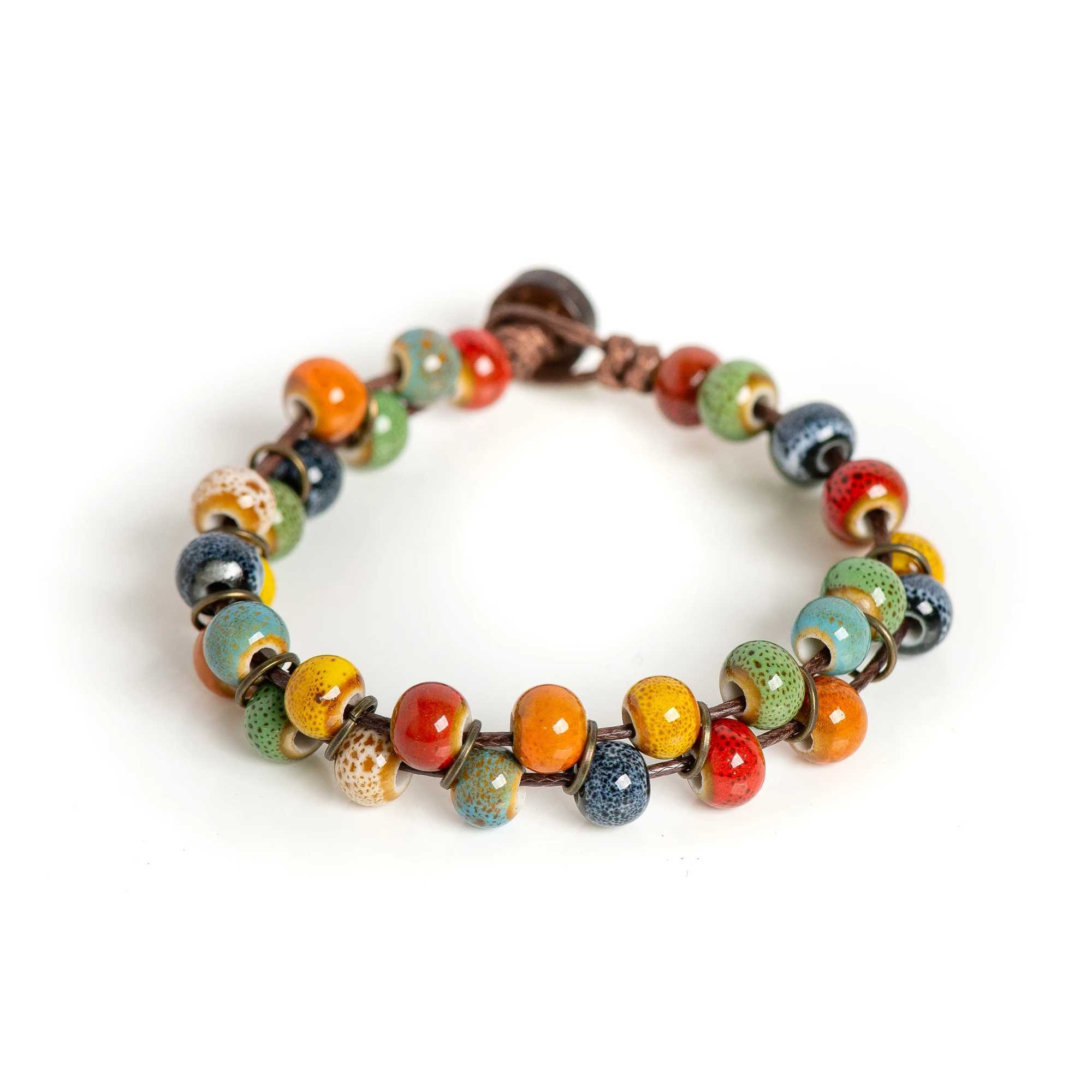 Vintage Multicolor Ceramic Bead Bracelet Fixed Length 18cm for Small Wrists J251125