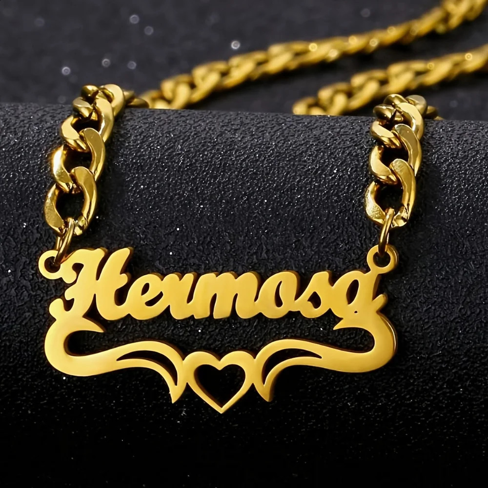 Custom Heart Ribbon Necklaces For Women Gold Color Stainless Steel Cuban Chain Name Necklace Wedding Engagement Jewelry Gift 250425