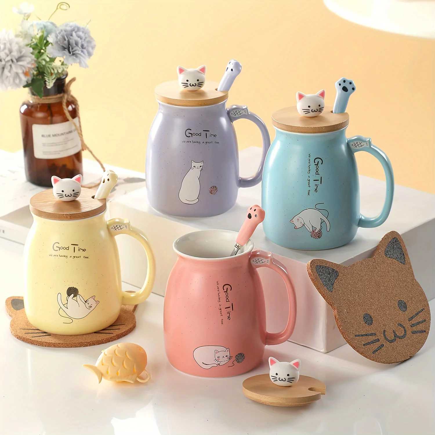 Kawaii Cat Mug 13oz Ceramic Tea Cup with Lid and Spoon Gifts for Cat Lovers and Women Birthday and Christmas Y251125