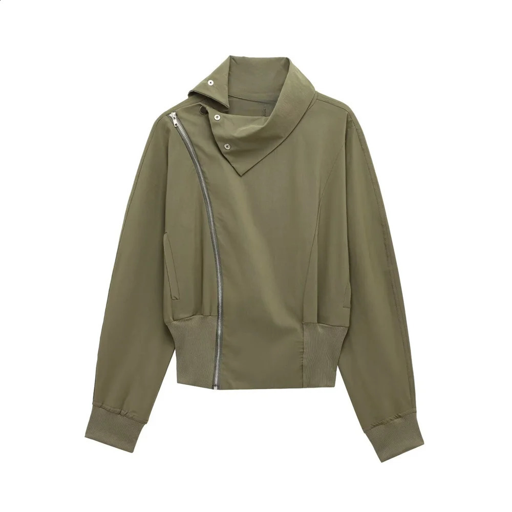 PB ZA 2025 Womens Fashion Olive Green Set Denim Neck Asymmetric Zipper Jacket Elastic Waist Wide Leg Cargo Pants 250414Z