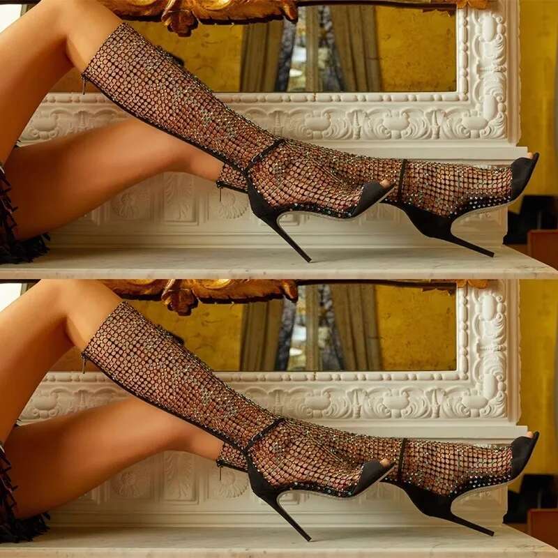 Spring and summer new rhinestone mesh hollow pointed fish mouth open toe sexy sandals sthigh-heeled banquet dress women's sandal