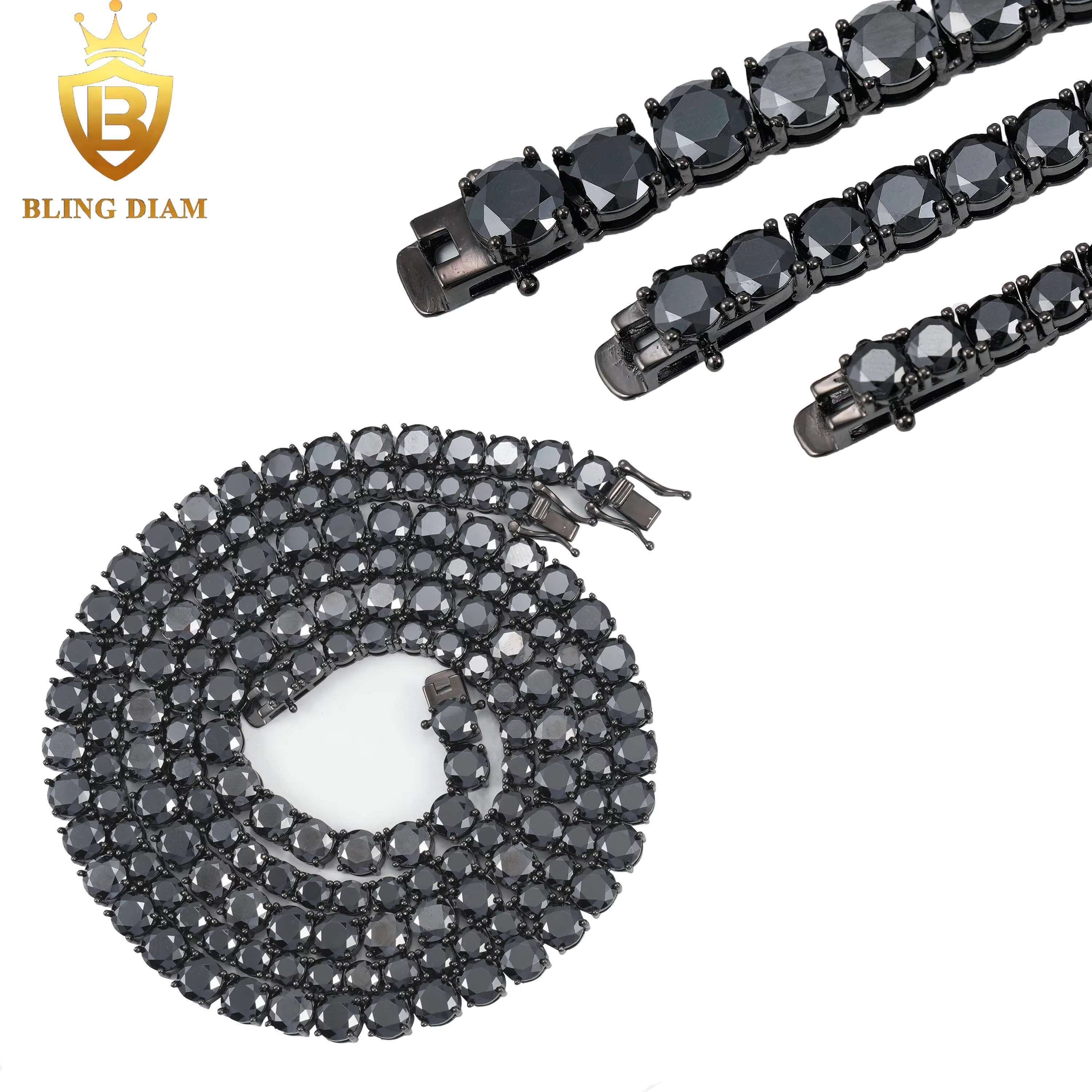 3mm 4mm 5mm 6.5mm Hip Hop Jewelry 925 Silver Vvs Black Moissanite Iced Out Tennis Chain Bracelet Necklace