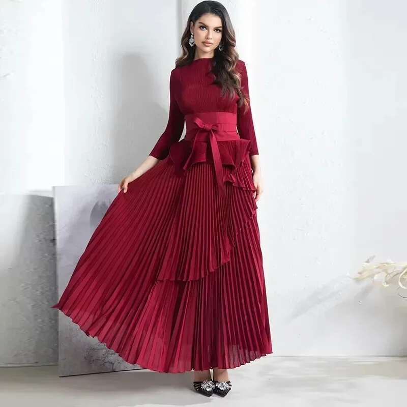 Pleated Irregular Lantern 2 Skirt + Swing Dress 2024 Autumn Solid Long Sleeved Lace Up Design Two Piece Set
