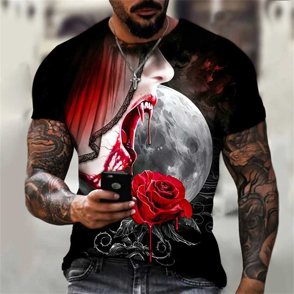 2023 summer mens T-shirt 3D graphic bright rose print retro mens T-shirt womens casual short sleeved O-neck streetwear W250425