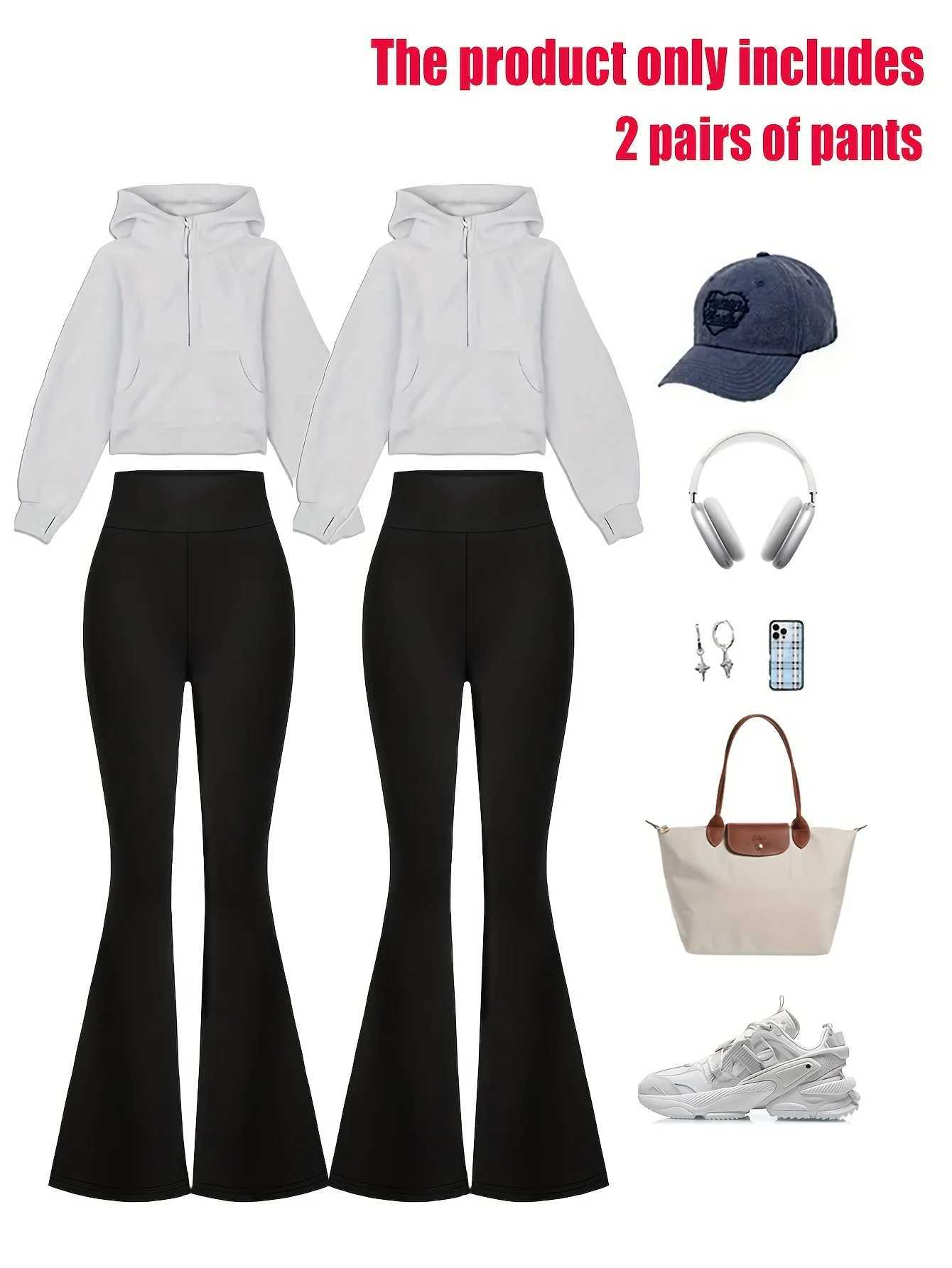 2 pieces of womens high waisted hip lifting flange pants - slim and suitable for tapered leg wide leg pants casual loose sports pantsC250425