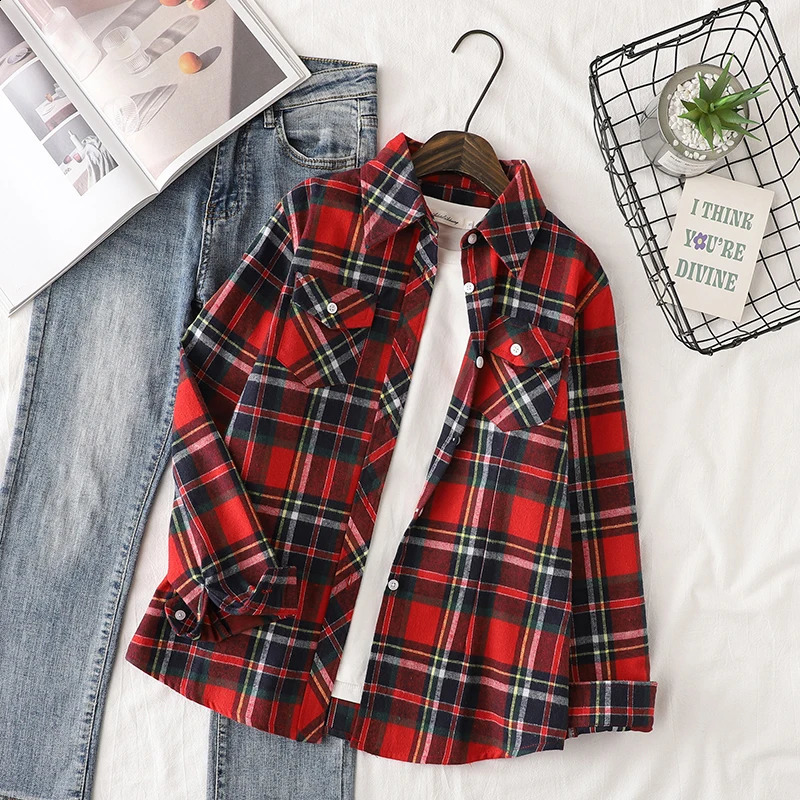 Cotton flannel plain weave womens shirt autumn item womens casual slim fit long sleeved shirt and top womens checkered clothing 250418