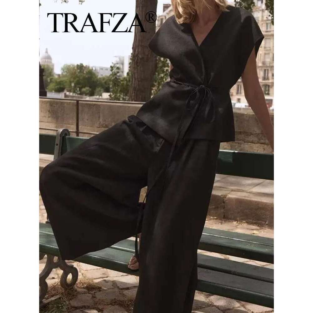 TRAFZA Women Solid 2 Piece Elegant Lace Up Vest Pants Sets V Neck Sleeveless Blouse Wide Leg Trousers 2024 Office Lady Outfits