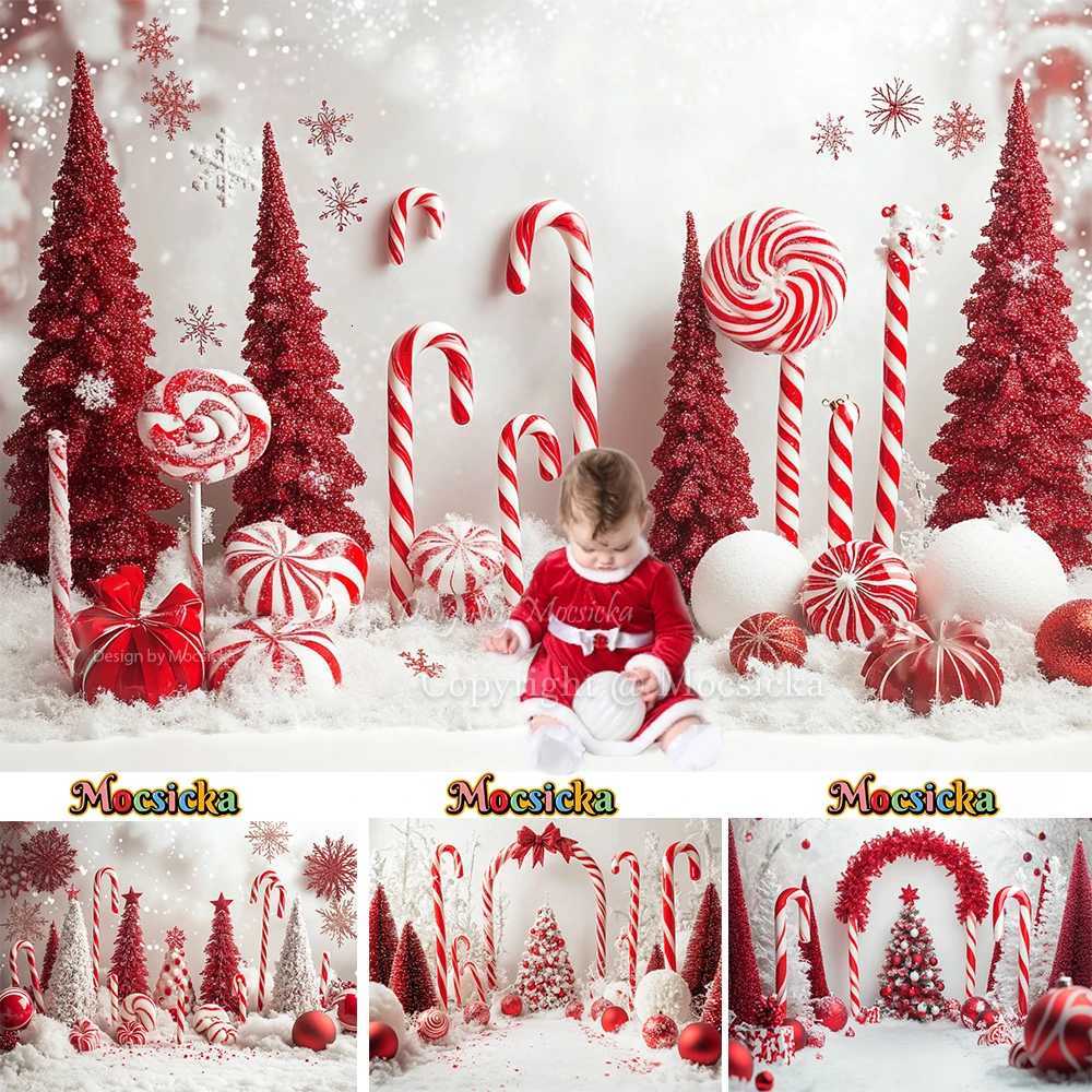 Christmas Candy Cane Background Photography Red Xmas Tree Decor Balls Snowy Wonderland Backdrop Winter Kid Birthday Photo StudioM251125