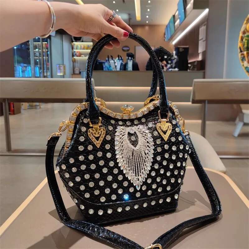 Spring new rivet crystal vertical large-capacity metal buckle handbag banquet dress versatile one-shoulder cross-body women bag