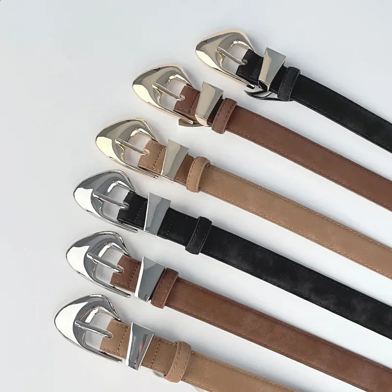 Nubuck leather womens jeans belt irregular gold and silver buckle high-quality genuine leather belt Ceinture womens 250423