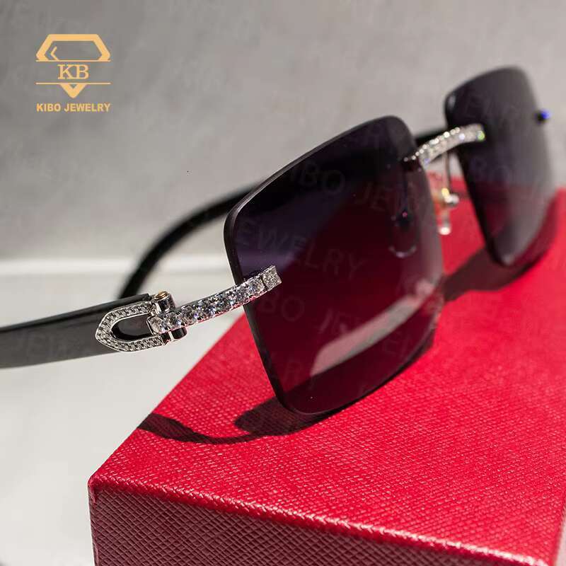 Iced Out Hip Hop Glasses Black Buffalo Horn Rimless VVS Moissanite Sunglasses for Men