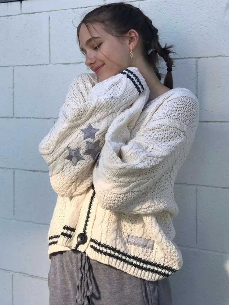 Long Sleeve Single Breasted Knitted Cardigans Vintage Embroidery Star Loose Sweaters For Women Fashion Color block TopsT251125