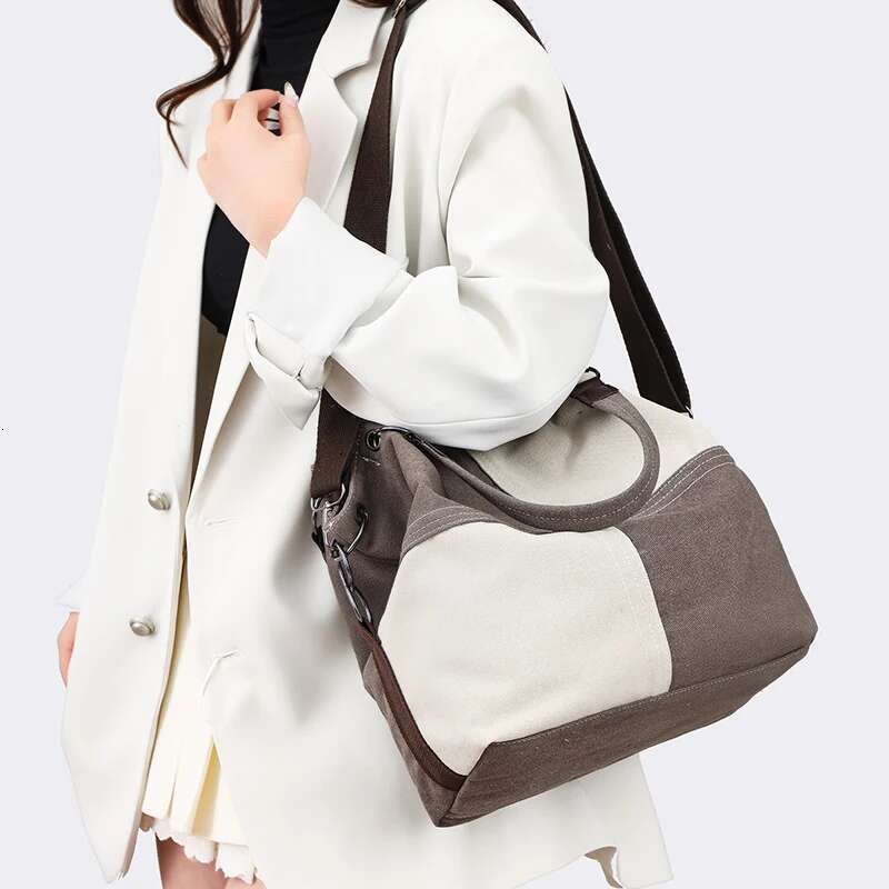 Canvas Ing Contrast Color Tote Fashion Style Handbag Shoulder Retro Crossbody Women's Big Bag