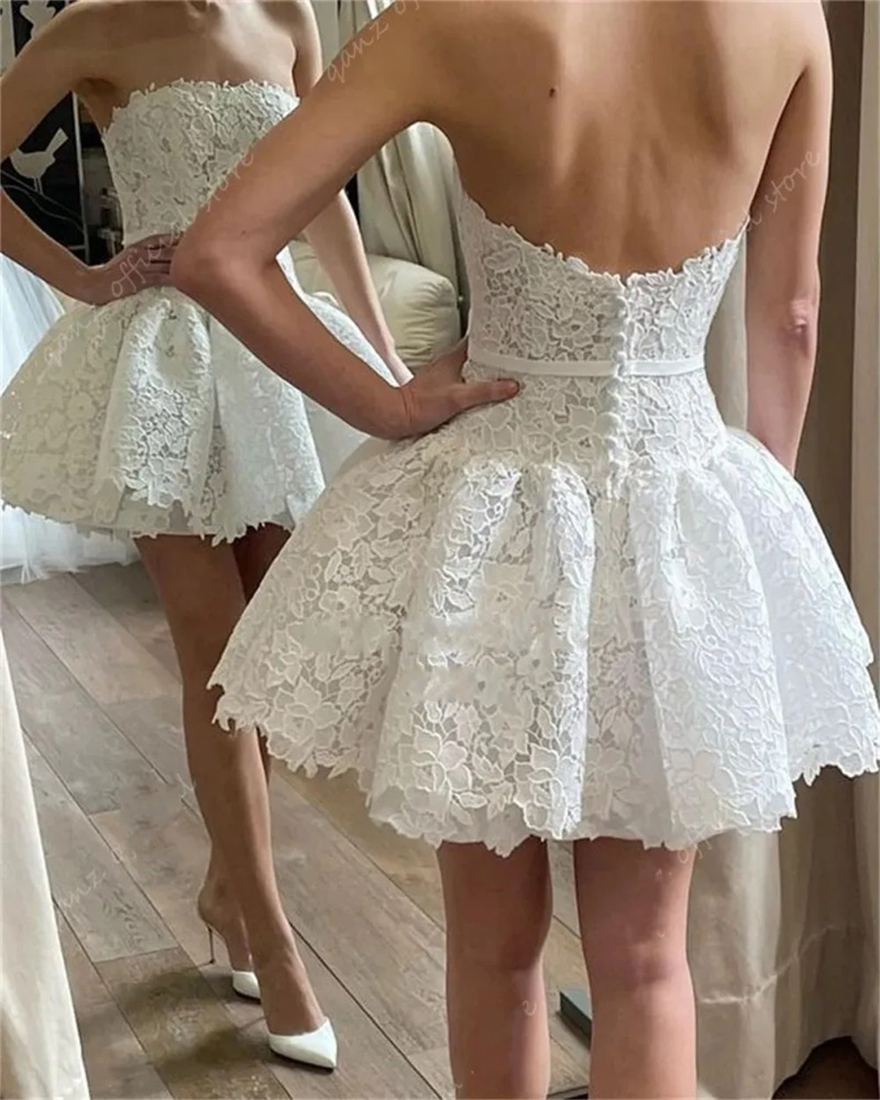 2025 NEW Short lace Wedding Dress Strapless A Line Backless Birthday Bride Party Night Gowns Vestidos De Novia Robes De Mariage