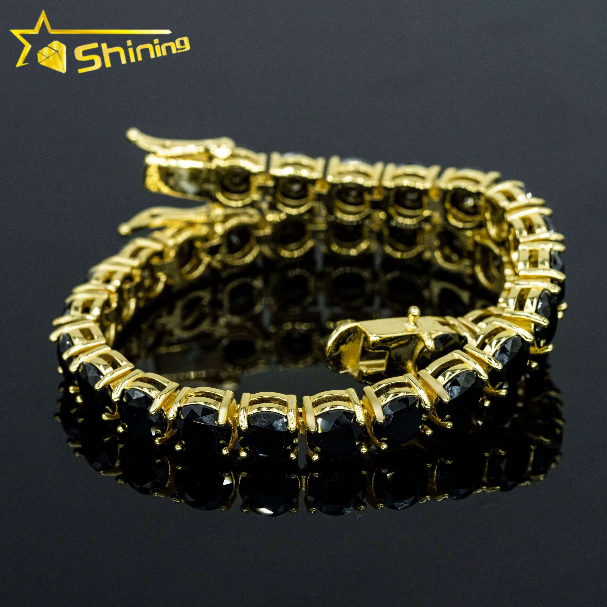 18k Yellow Gold Plated 3mm 4mm 5mm 6.5mm Black Moissanite Tennis Chain 925 Sterling Silver Men Women Tennis Necklace Bracelet