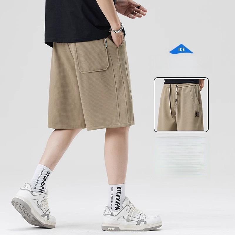 Texture waffle shorts men's summer new brand sports loose straight casual five quarter pants gray trendy