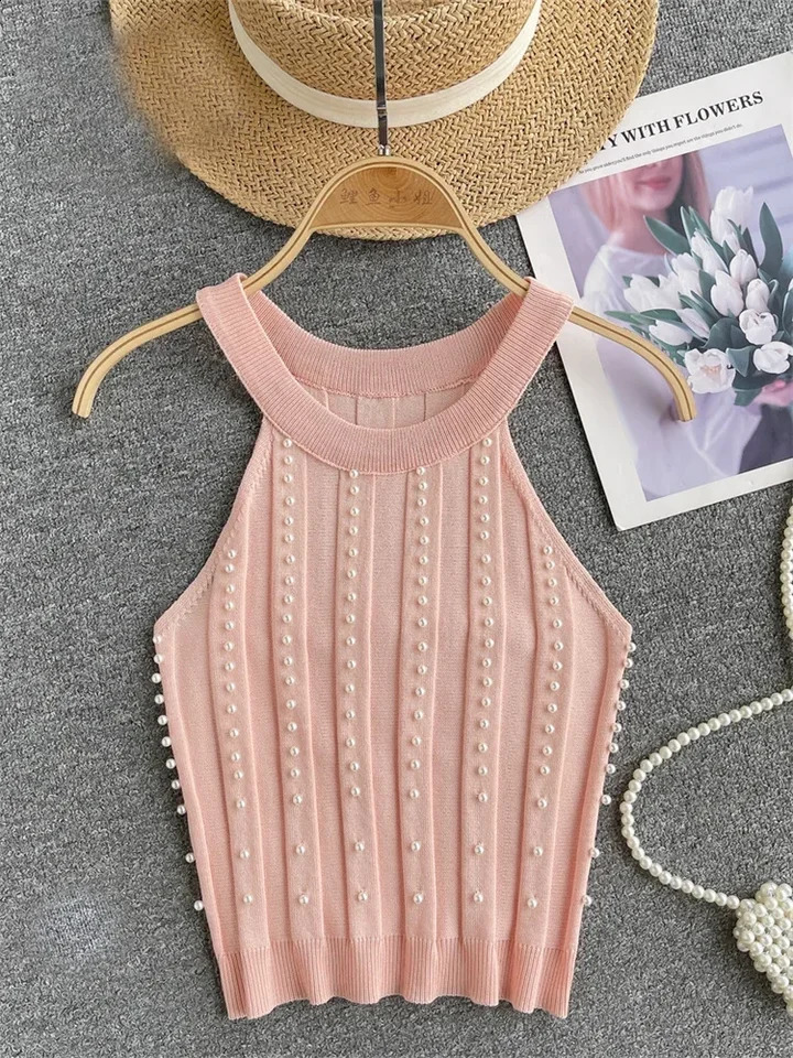 Zik Hekiy Pearls womens top strapless backless slim fit premium Korean fashion streetwear mini knit vest 250422