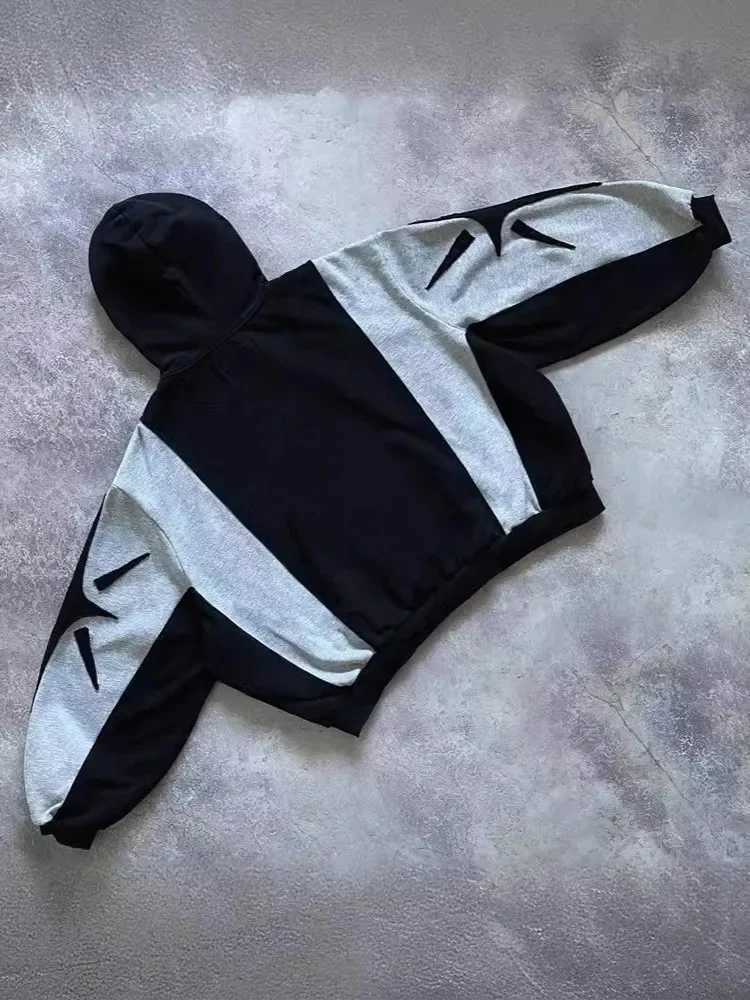 Y2K embroidery design loose zipper mens hooded sweatshirt geometric pattern womens sportswear Gothic street clothing oversized casual mens style w2504