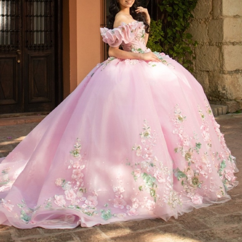 Pink Shiny Princess Quinceanera Dresses Off Shoulder Applique Flower Beads Tull Sweet 16 Dress Ball Gown Vestidos 15 De Anos