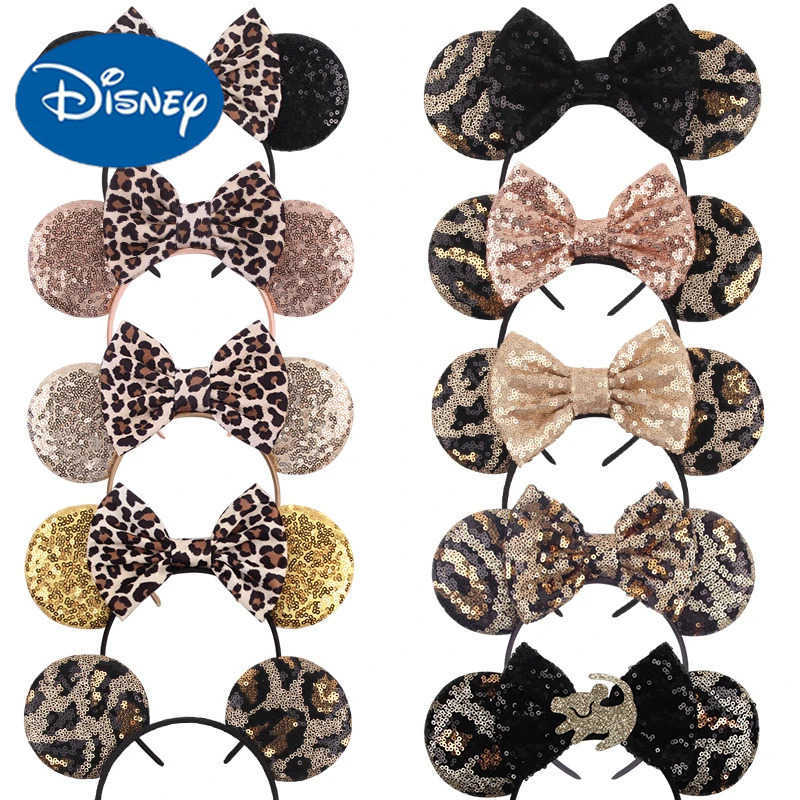 Disney Mickey Mouse Ears Leopard print Headband Suitable for Girls Babies Women Glitter Bow Hair Accessories Adults Hair Childrens Gifts X250425