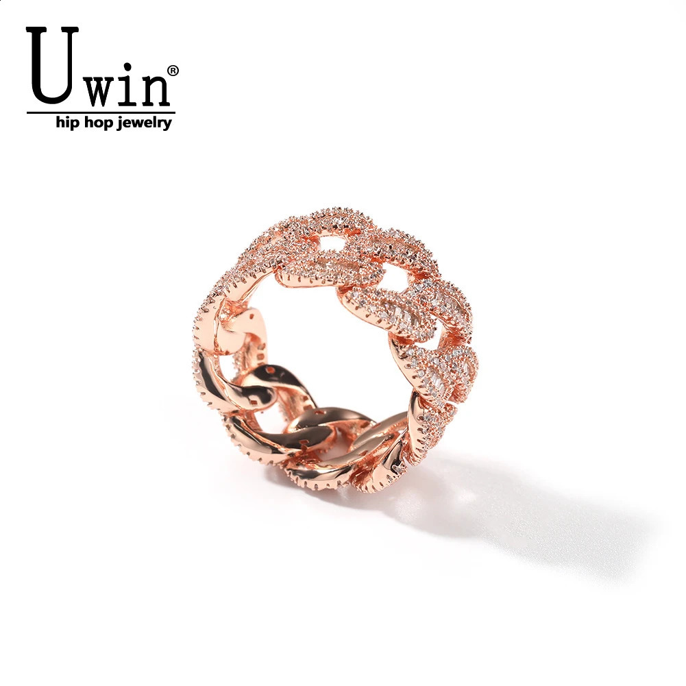 Uwin Cuban Link Rings Full Paved Out Cubic Zirconia Baguette Miami Engagement Ring HipHop Punk Jewelry For Men Women 250425