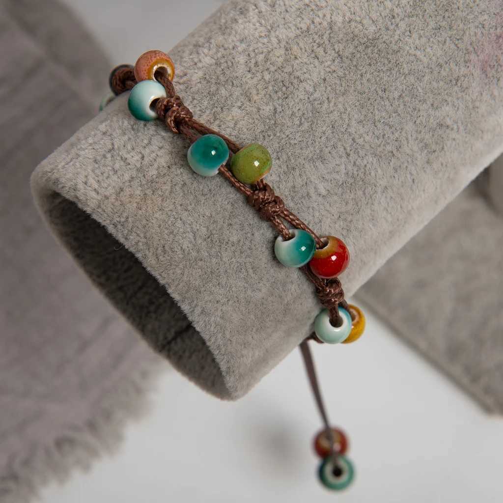 Adjustable Multicolor Handmade Ceramic Bead Bracelet Wax Cord Woven Jewelry Boho Style Unisex Gift for Couples and Friends J251125