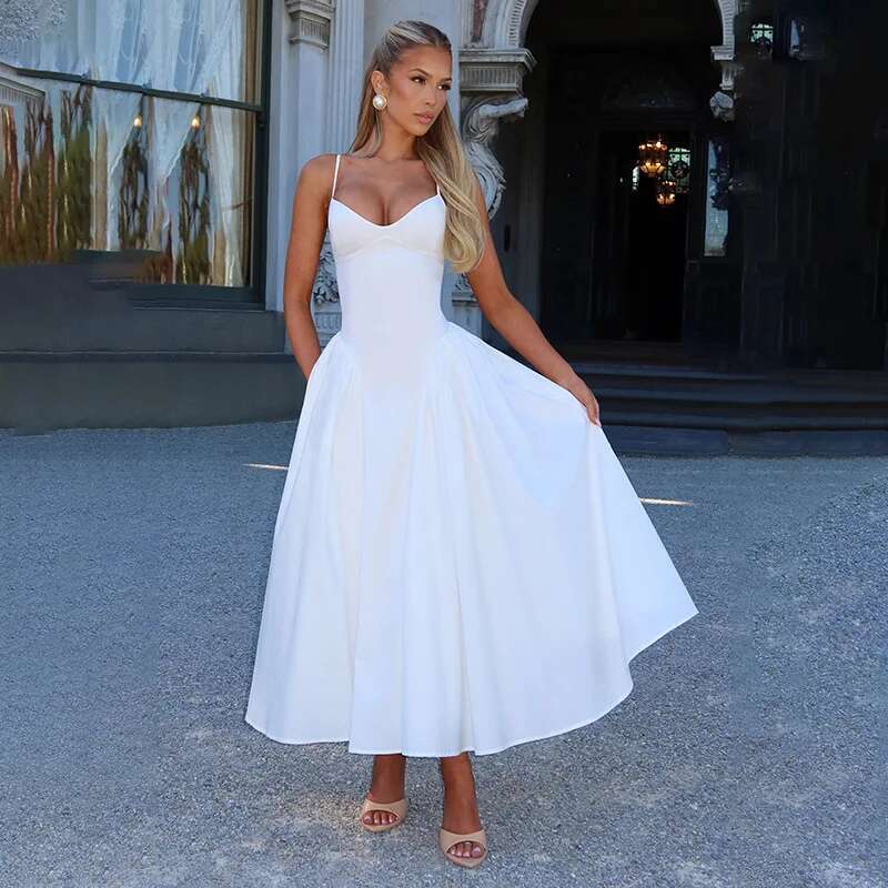Dongdumaoyi Townlike Pleated Midi Long A Line Dress Women Spaghetti Strap Spring Summer Backless Nightclub Sexy Party Dresses