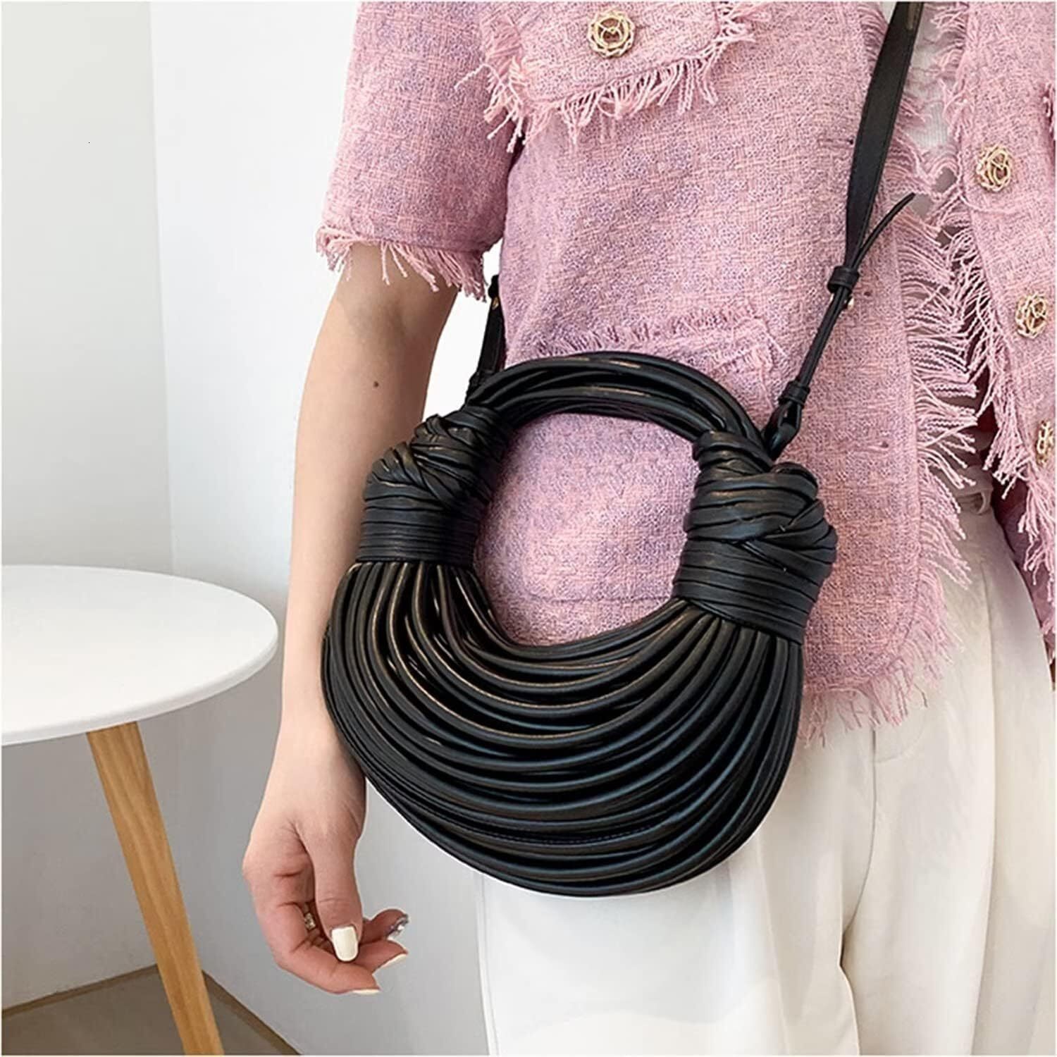 Hand-Woven Bread Women's Clutch Top Handle Satchel Shoulder Crossbody Creative Noodles Purses Underarm Bag Handbag