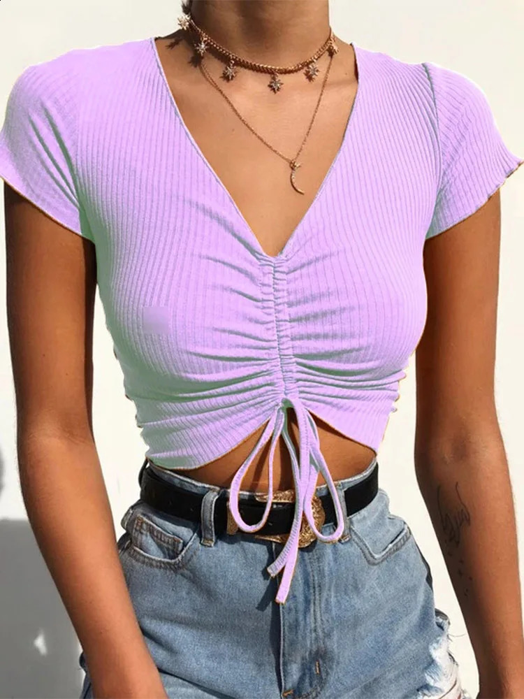 Sexy V-neck Cropped Tank Tops Womens Drawstring Tie Up Front Camis Candy Colors Streetwear Slim Edge Crop Top 250422